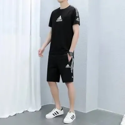 Adidas T-Shirt and Shorts Set Black with White Stripes