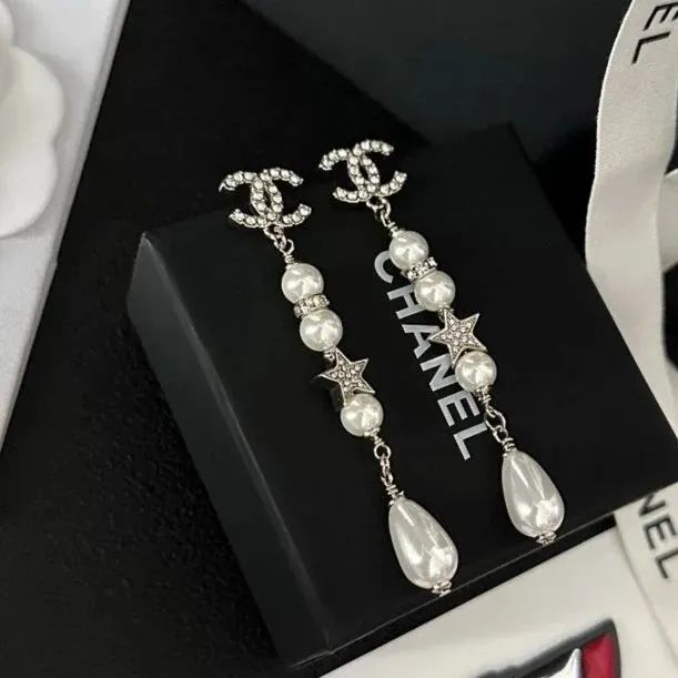 Chanel Earrings Pearl and Crystal Drop