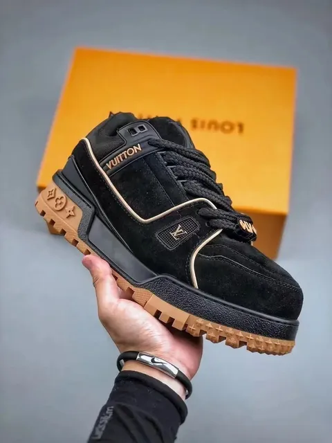 Louis Vuitton LV Trainer Black Suede with Gold Trim