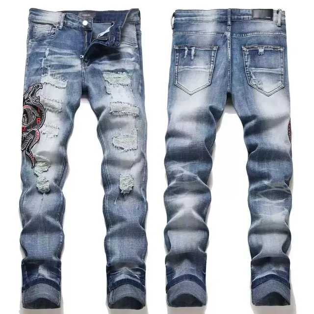 Distressed Jeans Snake Embroidery