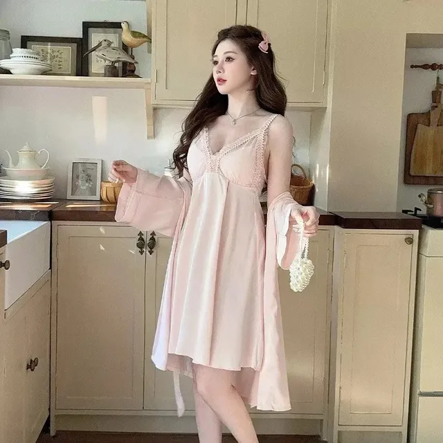 Lace-trim Camisole Dress Pastel Pink with Bell Sleeves