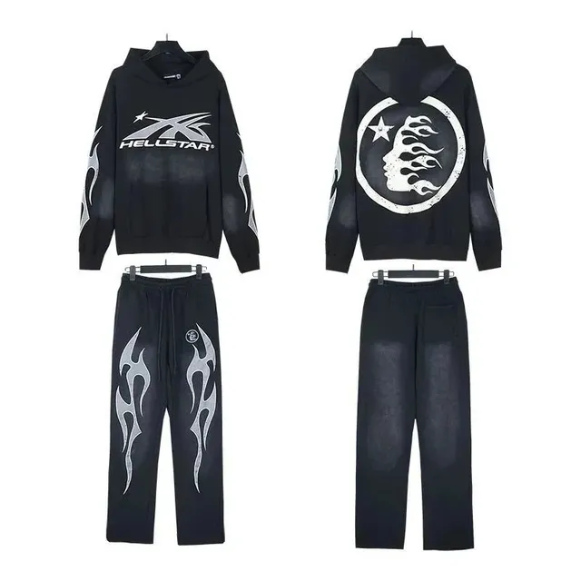Hellstar Flame Graphic Hoodie and Joggers Set Black with Silver Flame Print