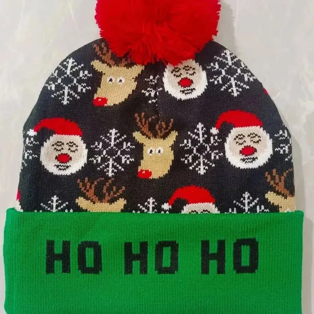 Knit Beanie Holiday Reindeer Santa Print