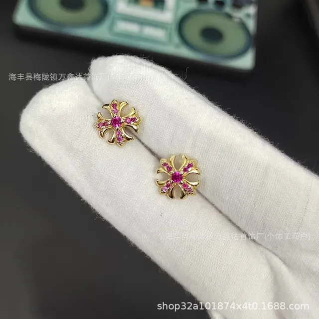 Chrome Hearts Cross Stud Earrings Pink Sapphire