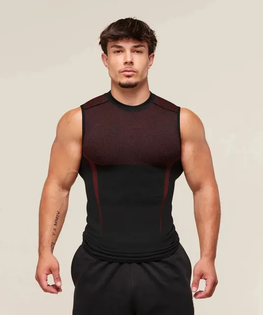 Gymshark Mesh Panel Tank Top Black with Deep Red Mesh