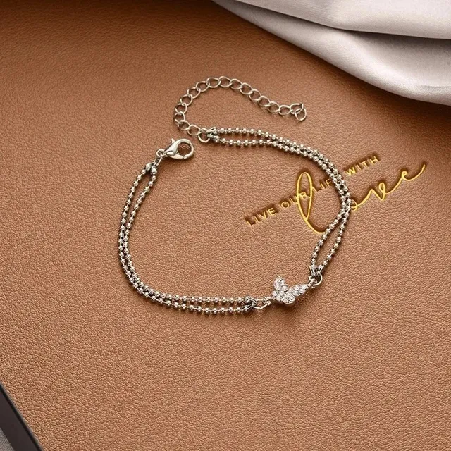 Double Chain Bracelet Crystal Butterfly Charm