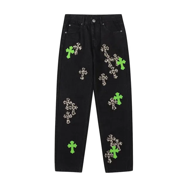 Chrome Hearts Cross Patch Jeans Leopard and Neon Green Crosses