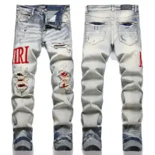 Amiri Distressed Slim Fit Jeans Ripped with Red Logo