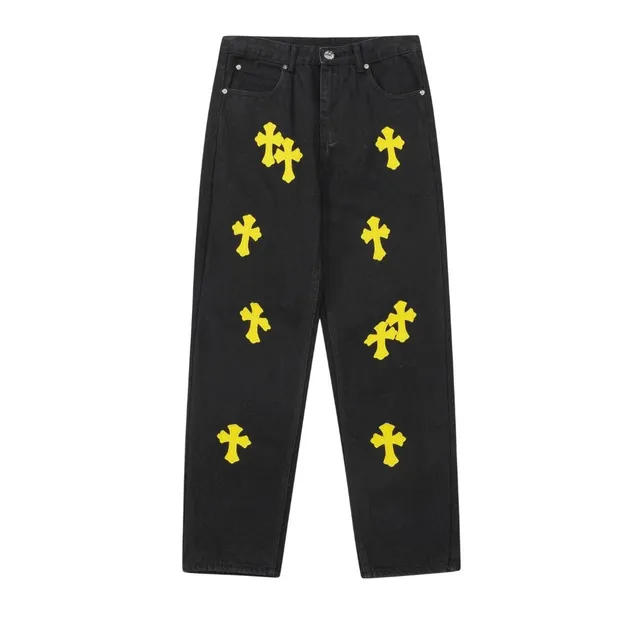 Chrome Hearts Cross Patch Jeans Black with Yellow Cross Patches