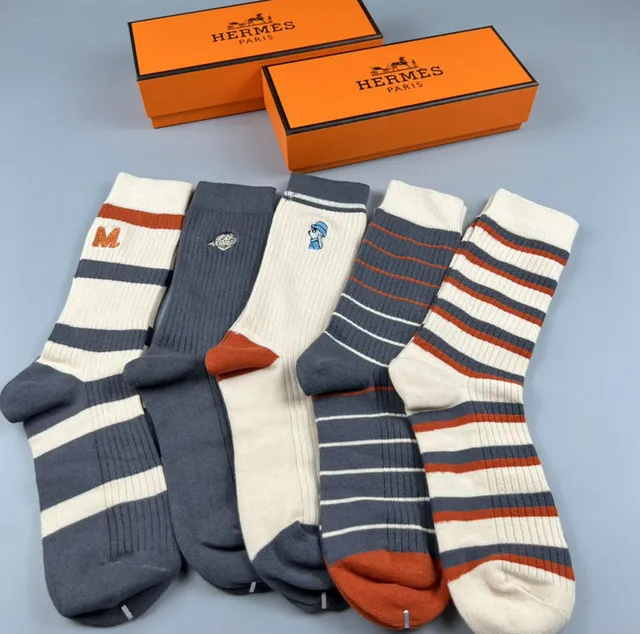Hermès Cotton Socks Striped with Logo Embroidery
