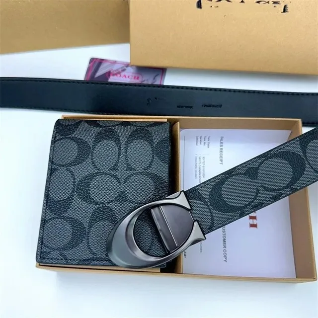 Coach Signature Canvas Wallet and Belt Set Black/Grey Monogram