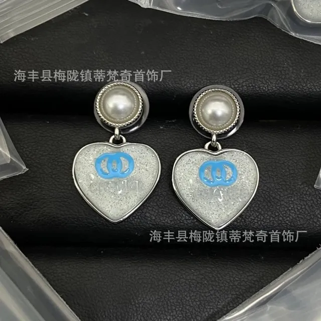Chanel Heart Drop Earrings Glitter Heart with Pearl and CC Logo