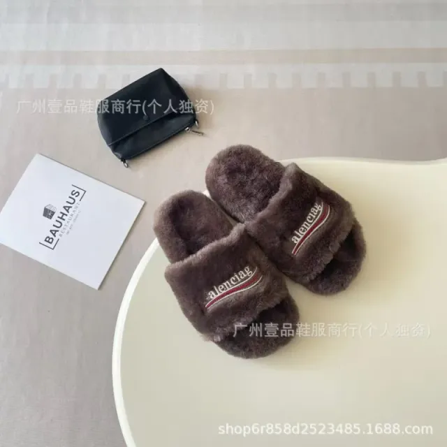 Balenciaga Logo Slide Slippers Faux Fur