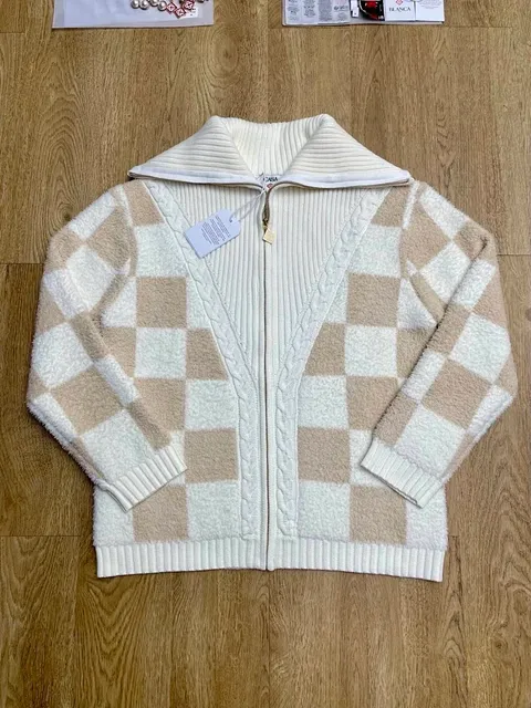 Casablanca Zip-Up Cardigan Checkerboard