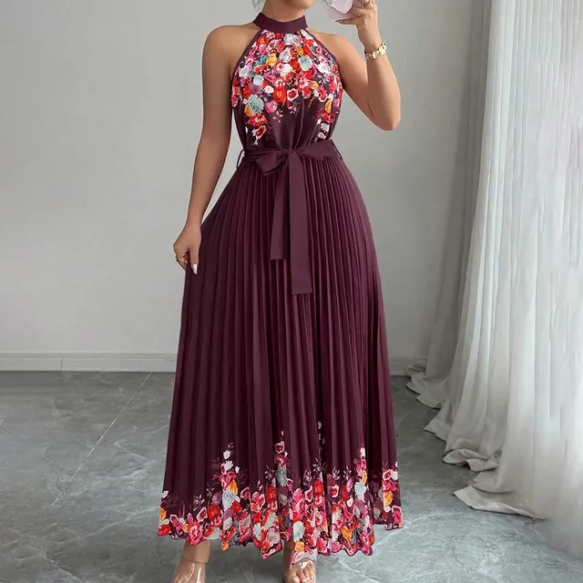 Halter Neck Pleated Maxi Dress Floral Print Burgundy