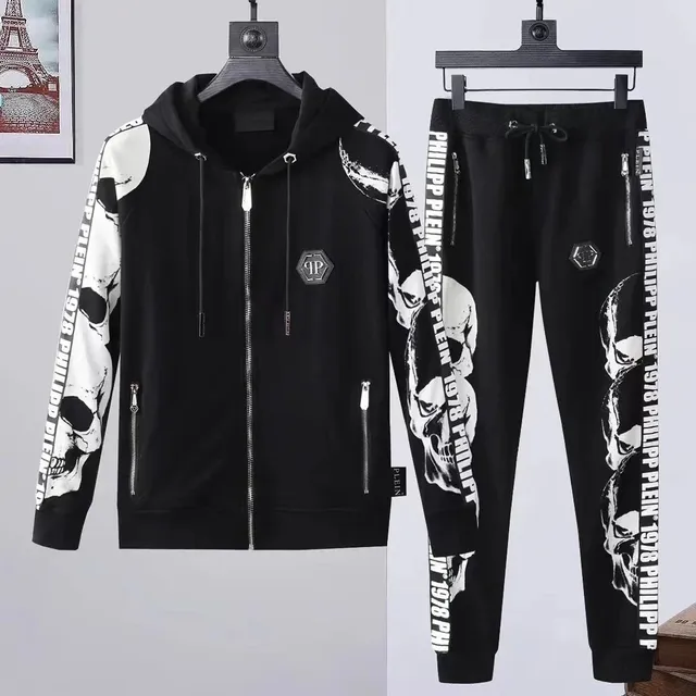 Philipp Plein Skull Print Hoodie and Joggers Set Skull & Logo Tape