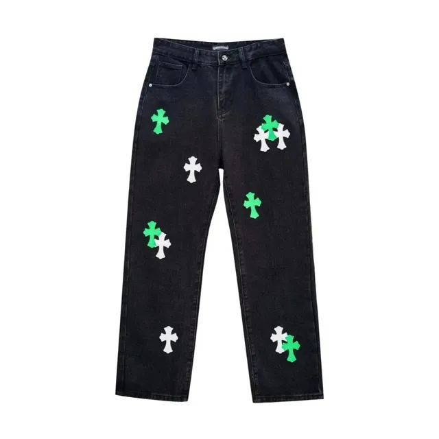Chrome Hearts Cross-Embroidered Jeans Black with Green and White Crosses