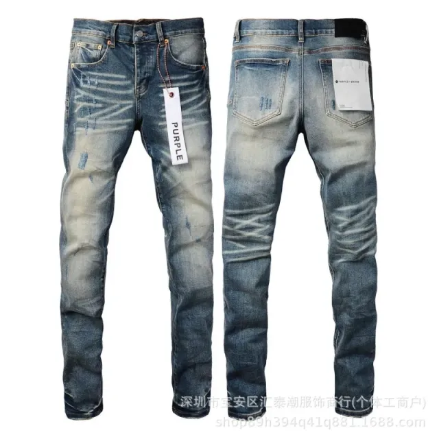 Distressed Slim Fit Jeans Washed Blue with Fading and Scratches