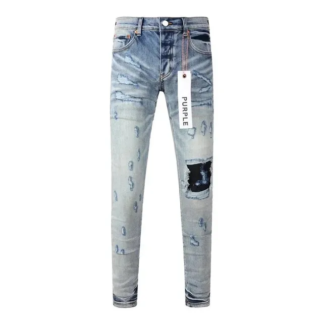 Purple Brand Distressed Slim Fit Jeans Light Wash with Patch Repair