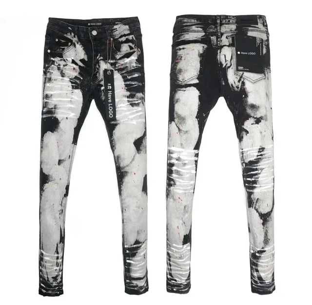 Distressed Paint-Splatter Jeans Black and White Splatter