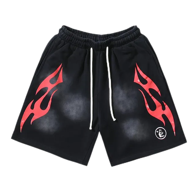 Hellstar Flame Shorts Black with Red Flame Print