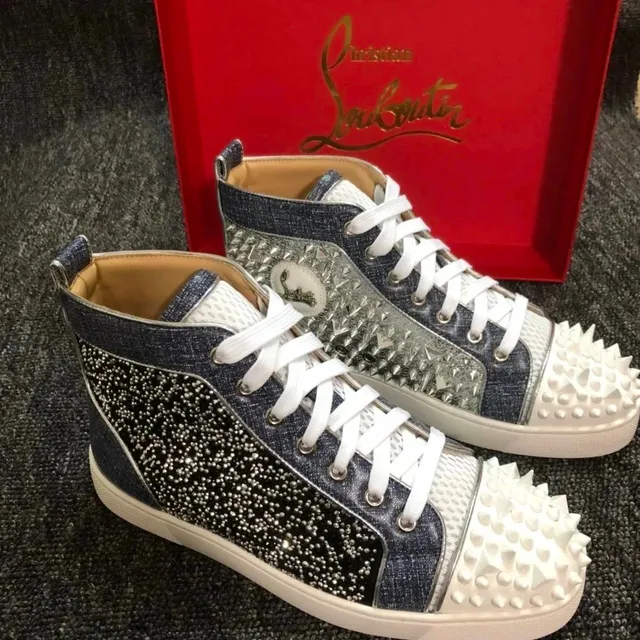 Christian Louboutin Louis Spikes High-Top Denim with Crystal and Spike Detail
