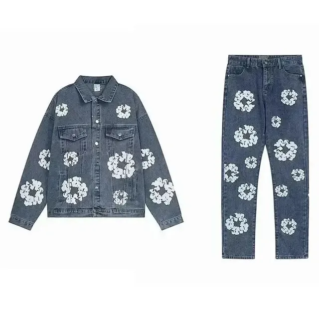 Denim Jacket and Jeans Set Floral Print