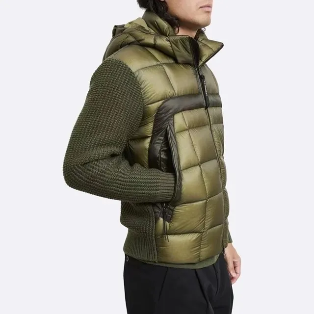 Moncler Knit-Sleeve Puffer Jacket Olive Green with Black Panel