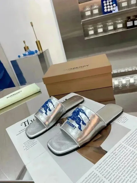 Burberry Equestrian Knight Slide Metallic Silver with Blue Embroidery