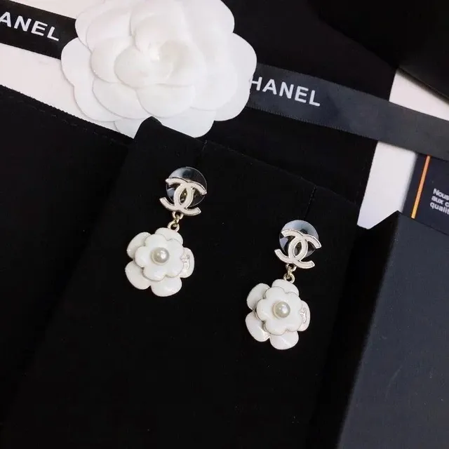 Chanel Camellia Drop Earrings Pearl & CC Logo
