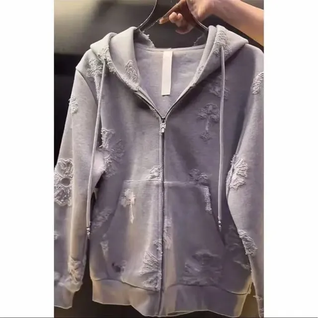 Chrome Hearts Zip-Up Hoodie Distressed Cross-Embroidery