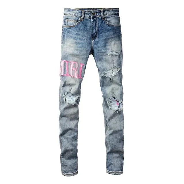 Distressed Jeans Pink Embroidered Logo