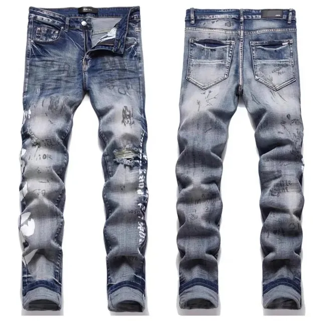 Amiri Distressed Slim Fit Jeans Graffiti Print