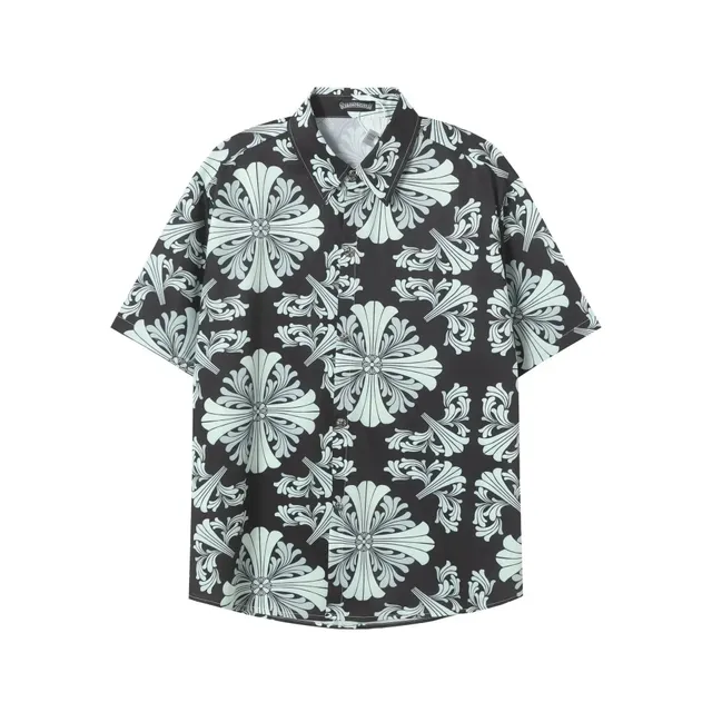 Chrome Hearts Short-Sleeve Button-Up Shirt Ornate Floral Print