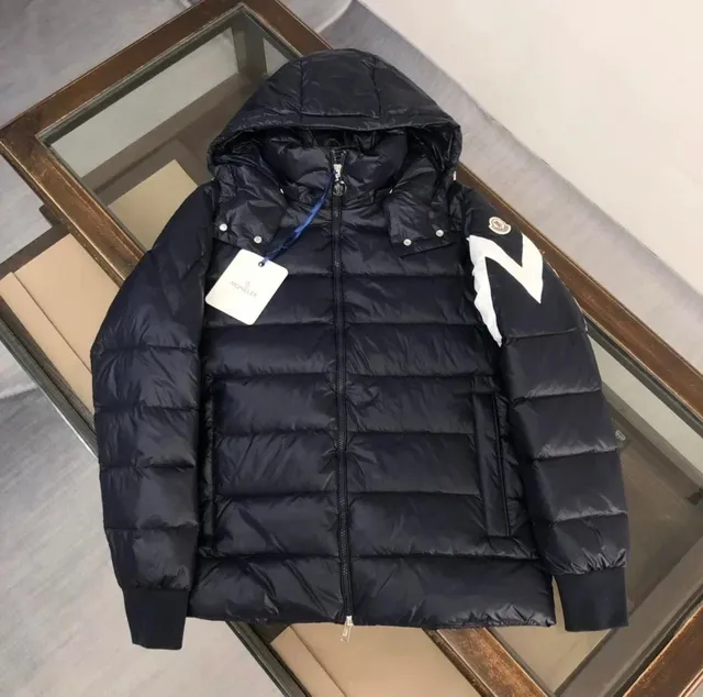 Moncler Puffer Jacket Navy with White Logo Panel