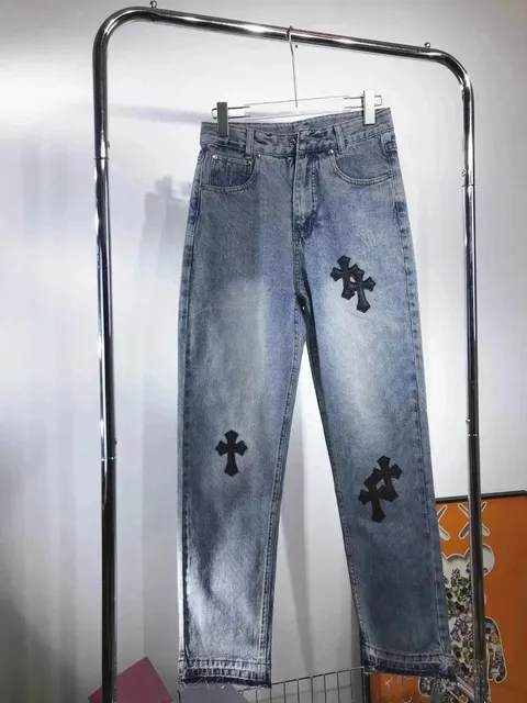 Chrome Hearts Cross Patch Jeans Distressed Wash with Black Cross Patches
