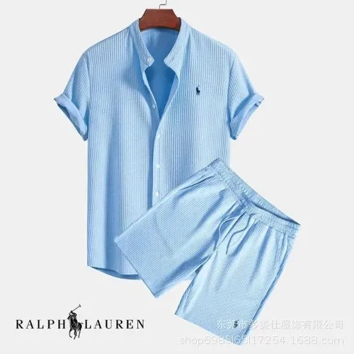 Polo Ralph Lauren Short Sleeve Shirt and Shorts Set Light Blue Seersucker
