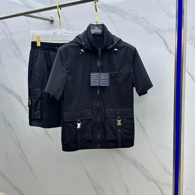 Prada Short-Sleeve Hooded Jacket Nylon with Logo Patch