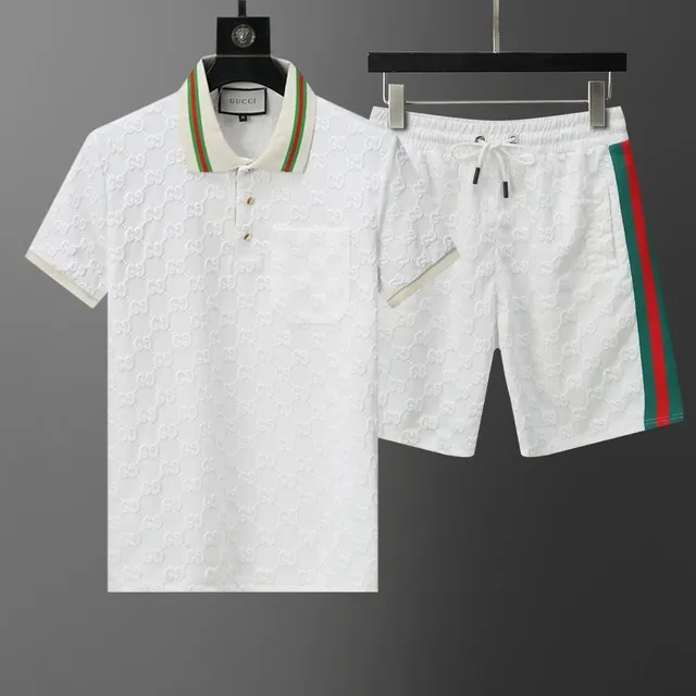 Gucci GG Embossed Polo and Shorts Set Web Stripe Trim