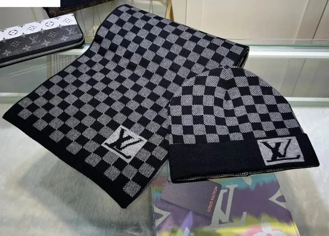 Louis Vuitton Checkered Scarf and Beanie Set