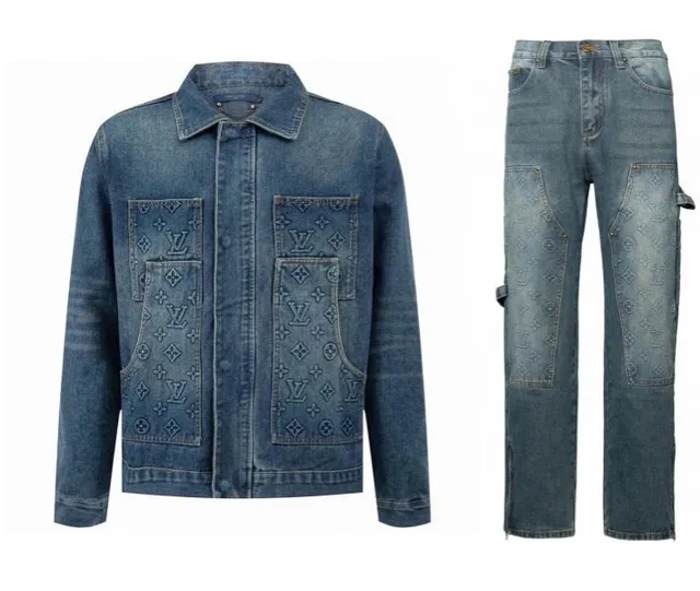 Louis Vuitton Denim Jacket and Trousers Set Monogram-Embroidered