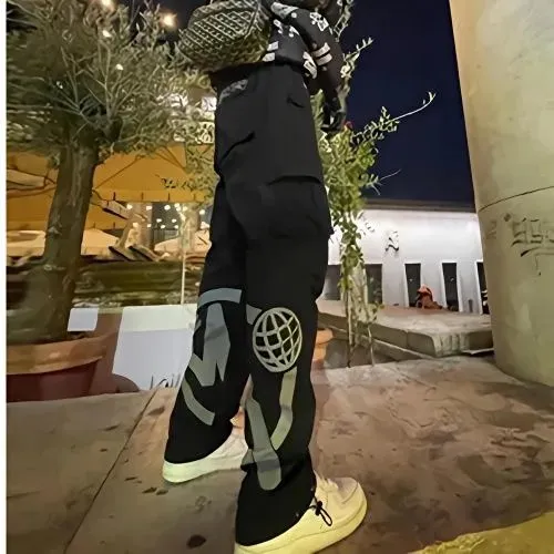 黑色印花工装裤银白色印花