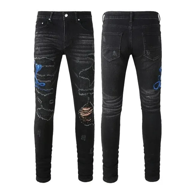 Amiri Distressed Slim Jeans Blue Embroidery