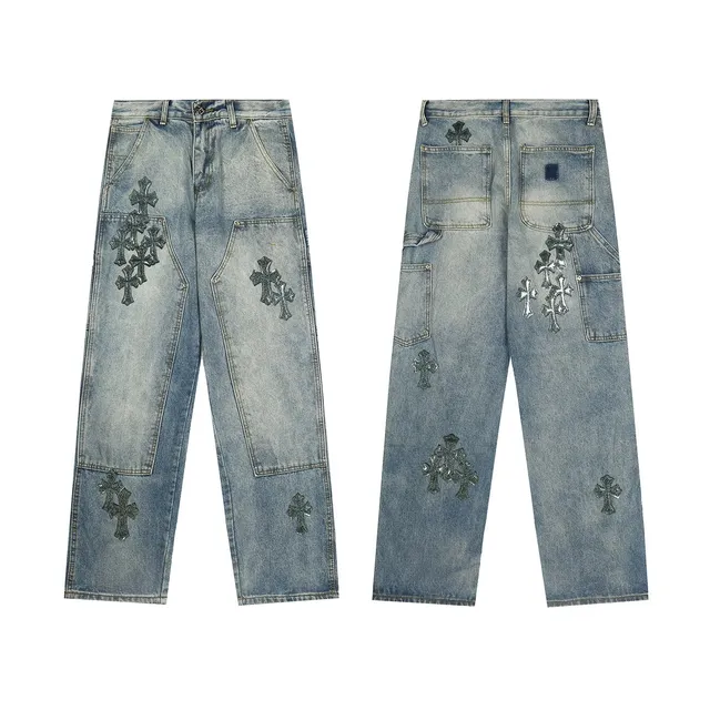 Chrome Hearts Cross Patch Jeans Distressed with Crystal Crosses