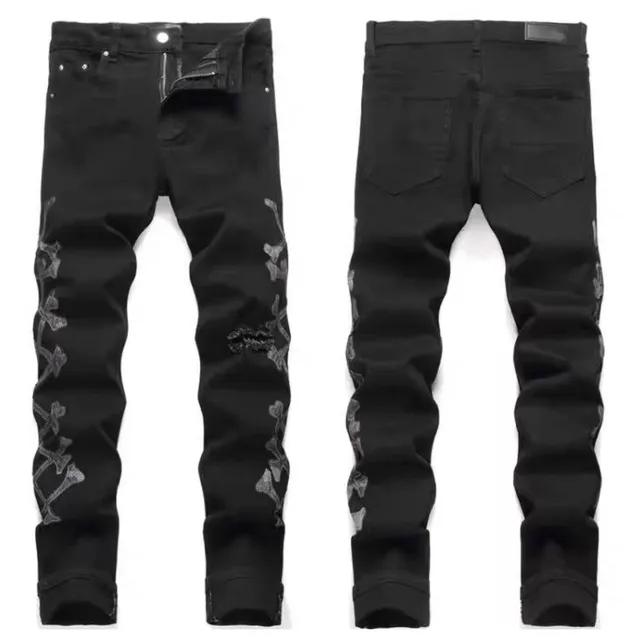Amiri Skull-Print Jeans Distressed Black with Grey Skull Embroidery