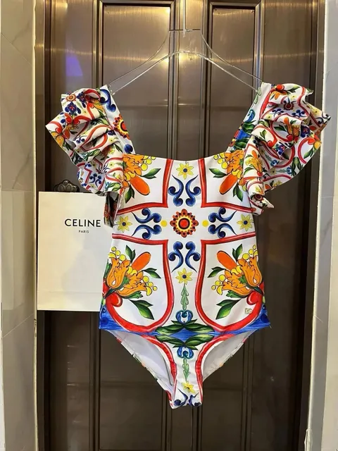 Dolce & Gabbana Ruffled One-Piece Swimsuit Maiolica Print