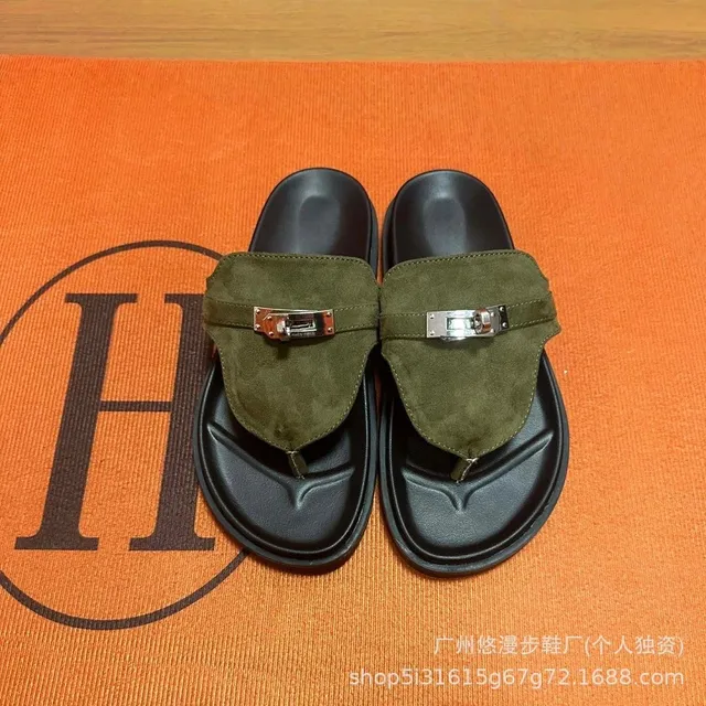 Hermès Oran Sandal Olive Suede with Palladium Hardware
