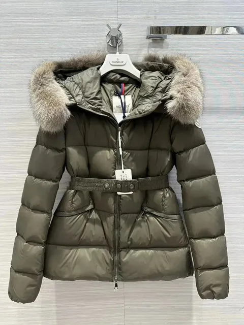 Moncler Down Jacket Fur-Trimmed Hood with Belt