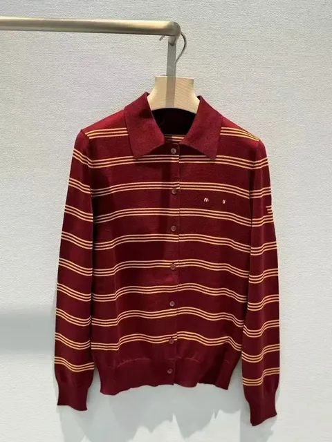 Miu Miu Striped Knit Cardigan Burgundy with Beige Stripes