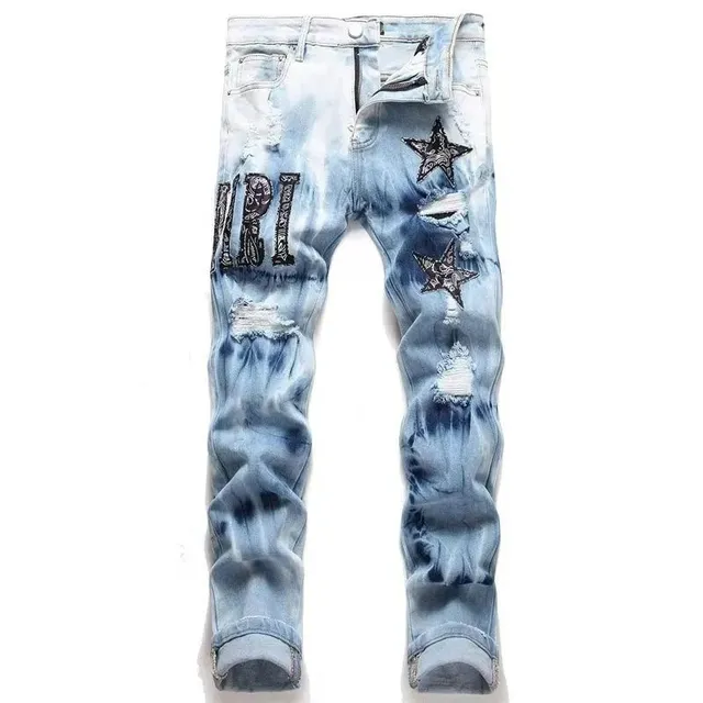 Distressed Jeans Bleached with Embroidered Stars and Letters